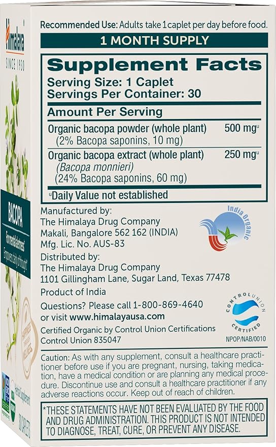 Himalaya Organic Bacopa Monnieri Nootropic Herbal Supplement, Mental Alertness, Supports Calm, Memory, Cognition, USDA Certified Organic, Non-GMO, 750 mg, 30 Plant-Based Caplets, 30 Day Supply