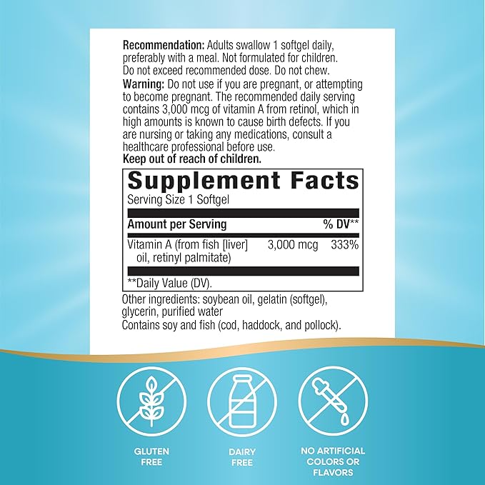 Nature's Way Vitamin A, High Potency, Supports Healthy Eye Function*, 3,000 mcg per Serving, 100 Softgels (Packaging May Vary)