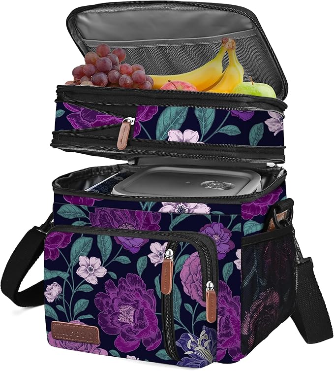 MIYCOO Lunch Bag for Women Men Double Deck Lunch Box - Leakproof Insulated Soft Large Lunch Cooler Bag, (Purple Flower,15L)