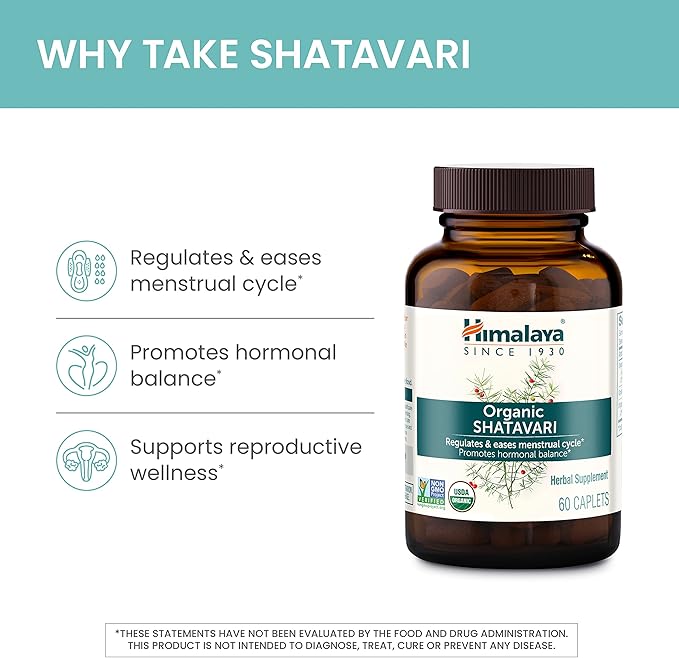 Himalaya Organic Shatavari for PMS, Menstrual Cramp Relief, Menopause Support, and Women's Health, 1,300 mg, 60 Caplets, 2 Month Supply, 2 Pack