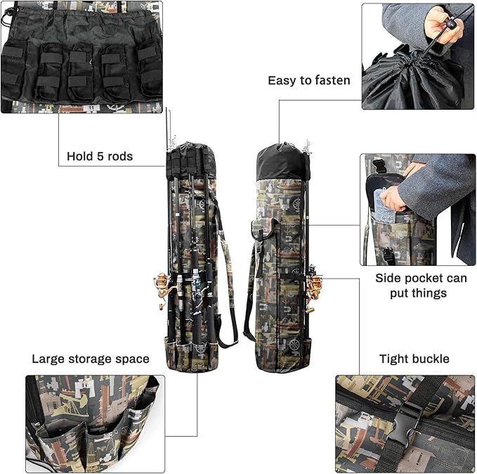 Allnice Durable Canvas Fishing Rod & Reel Organizer Bag Travel Carry Case Bag- Holds 5 Poles & Tackle