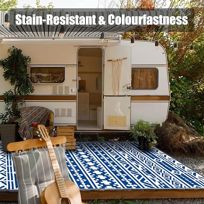 Outdoor Plastic Straw Rug, Waterproof Outdoor Rugs for Patios Clearance, Reversible Area Rug, Large Outside Carpet for Camping, Balcony, RV, Deck, Picnic, Beach 5x8ft Geometric Boho Blue&White