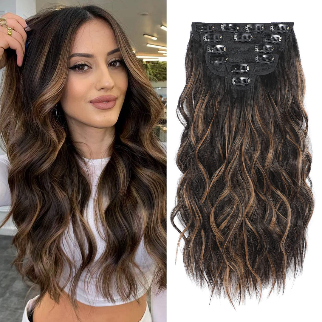 Fliace Clip In Hair Extensions, 6 Pcs Natural & Soft Hair & Blends Well Lonng Wavy Hairpieces(20Inch, 6Pcs, Black&Dark Mix Light
