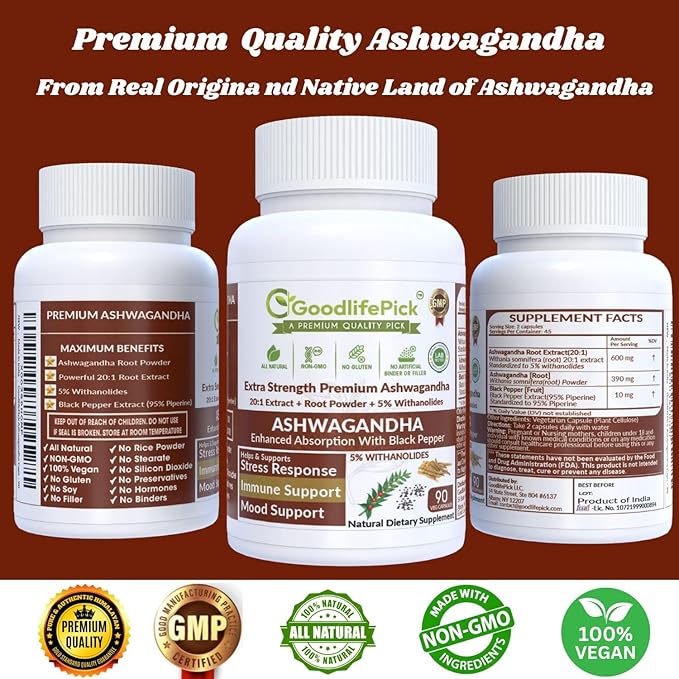 Ashwagandha Capsules with Black Pepper from Pure Ashwagandha Powder & 20:1 Ashwagandha Root Extract with Black Pepper 90 Veg Cap AllNatural NonGMO Vegan NO Rice Powder NO Gluten
