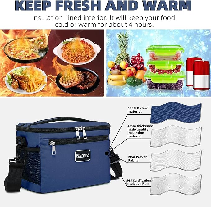 BEIMILY Lunch Box for Men/Women,Small Insulated Lunch Bag,Reusable LunchBox for work Picnic Hiking Beach,Leakproof Soft Cooler Tote Bag Organizer with Adjustable Shoulder Strap for Adults (Blue)