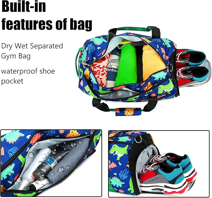 LOIDOU Duffle Bag for Boys Sport Gym Bag Kids Overnight Bag Girls Weekender Bag with Wet Pocket & Shoe Compartment (Dinosaur Navy)