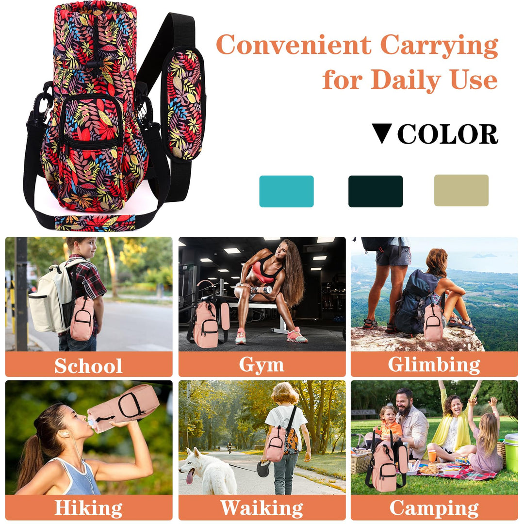 FCQQYWZ Water Bottle Holder with Strap, 32/40oz Water Bottle Bag Crossbody Insulation Water Bottle Holder with Adjustable Shoulder Strap, 4 Pockets for Walking,Camping,Hikingand Fishing (Leaf)
