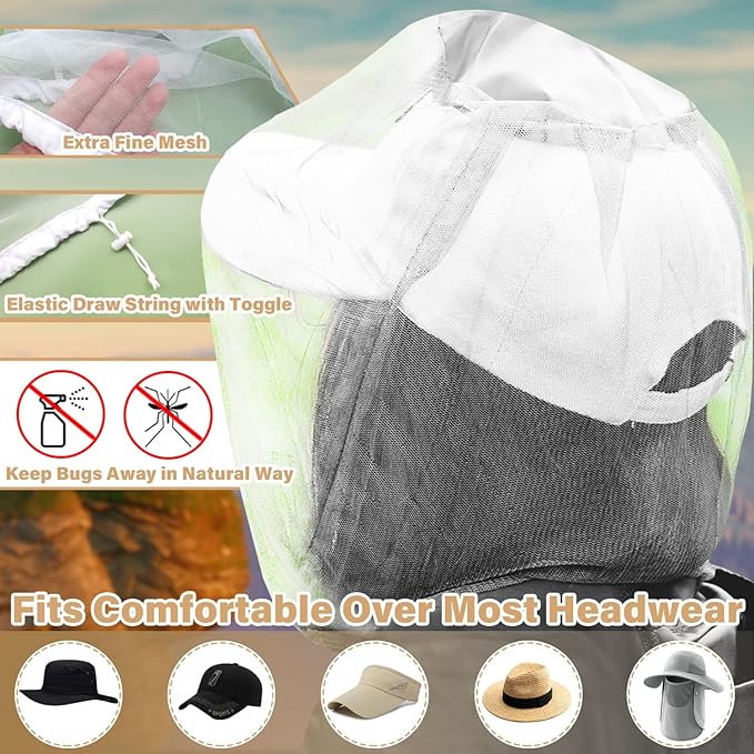 Benvo Mosquito Head Net Mesh One Piece Face Neck Fly Netting Cover from Bugs Gnats Noseeums Hat-Compatible Insect Shield for Fishing, Camping, Gardening (2pcs, White, Upgraded Big Net)