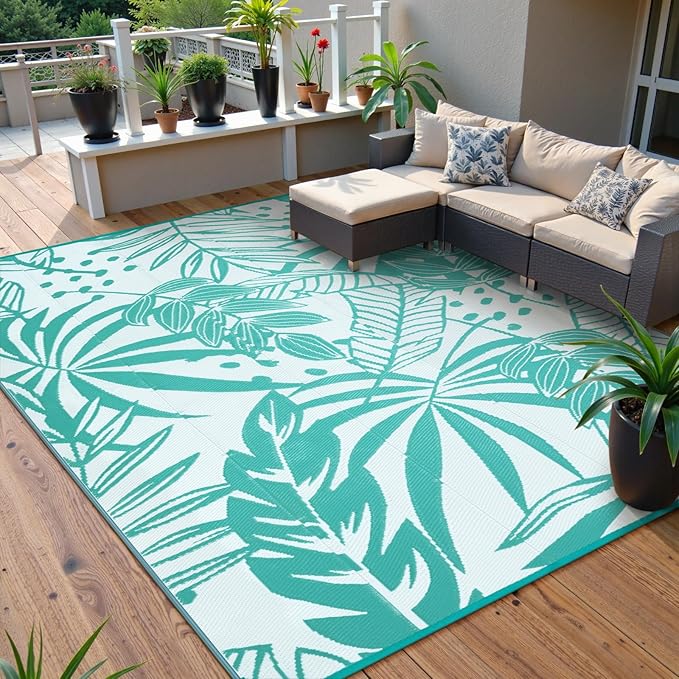Anidaroel Leaf Outdoor Rugs 8x10ft for Patios Clearance Waterproof, Reversible Tropical Plastic Straw Camping Mat Outside Area Rug for RV, Backyard, Deck, Balcony, Picnic, Beach(Blue,8'x10')
