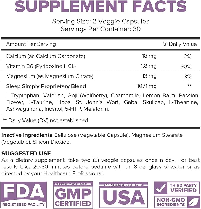 Sleep Aid for Adults, Herbal Supplement with Melatonin, Valerian Root, Magnesium, Deep Sleep Support to Promote Calm Deep Sleeping for Better Rest - 60 Capsules