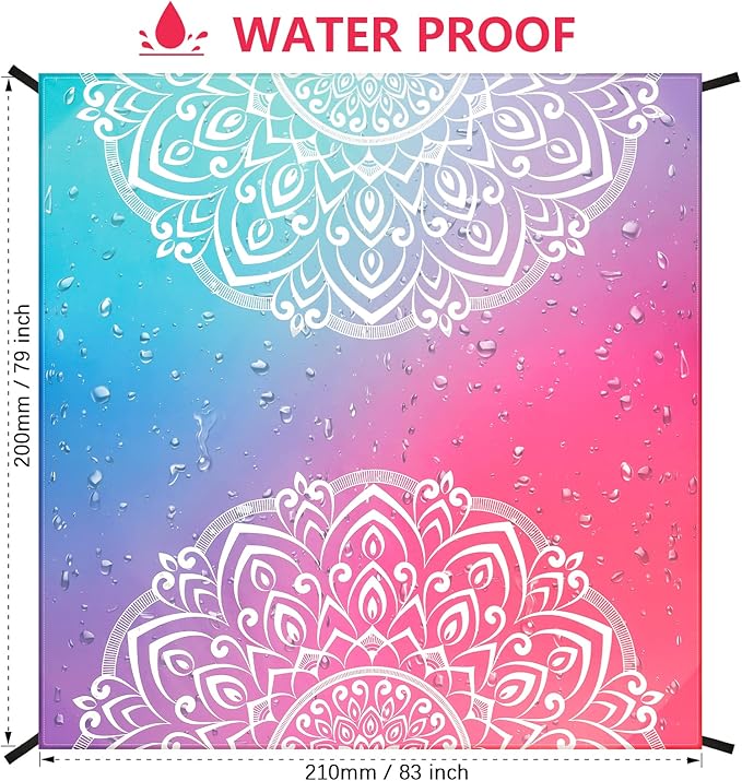 Beach Blanket Sandproof Extra Large Beach Mat Adults Waterproof Quick Drying Sand Free Mat Made by Premium Polyester with 4 Stakes & 4 Corner Pockets for Outdoor Travel Camping Hiking