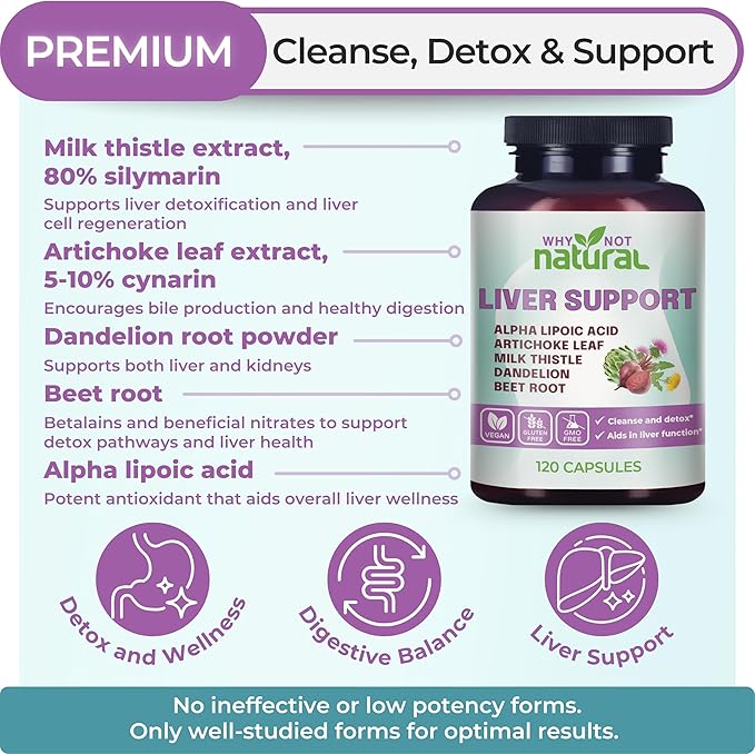Why Not Natural 5-in-1 Liver Health Formula Supplement for Detox and Cleanse with Milk Thistle Support - 120 Capsules