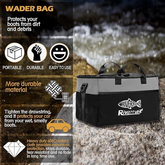 Riverruns Fishing Hunting Wader Bag with Vented Mesh, Waders Boots Bag, Fly Fishing Backpack for Fishing, Hiking, Camping