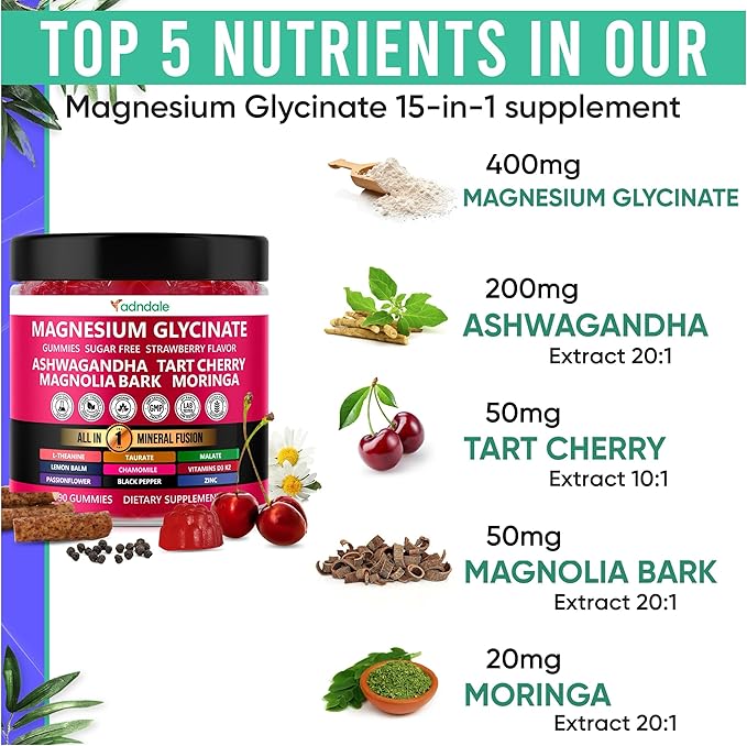 90ct 15-in-1 Magnesium Glycinate Gummies 400 mg/serv- with Magnesium Malate, Ashwagandha, Tart Cherry, Magnolia Bark, Lemon Balm, Passionflower, Chamomile, L-Theanine, Zinc, Vitamin K2 & D3