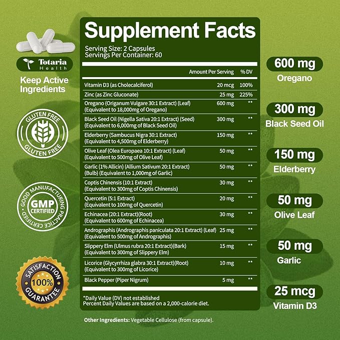 Oil of Oregano with Black Seed Oil Capsules High Absorption with Garlic,Olive Leaf,Quercetin,Black Pepper and More Supplement for Women and Men Immune Support Digestive Health 120 Counts