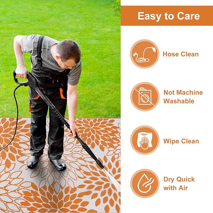 Anidaroel Outdoor Rugs 8x10ft for Patios Clearance Waterproof, Reversible Tropical Plastic Straw Camping Mat Outside Rug, Large Outdoor Area Rug for RV, Deck, Balcony, Picnic(Orange,8'x10')