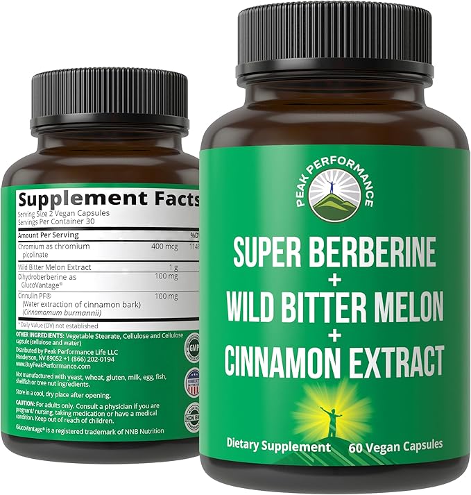 Ultra High Strength 4-In-1 Super Berberine Patented GlucoVantage® + Wild Bitter Melon + Cinnamon Extract + Chromium Picolinate Vegan Capsules. Great Supplement to Support After-Meal Spikes and Energy