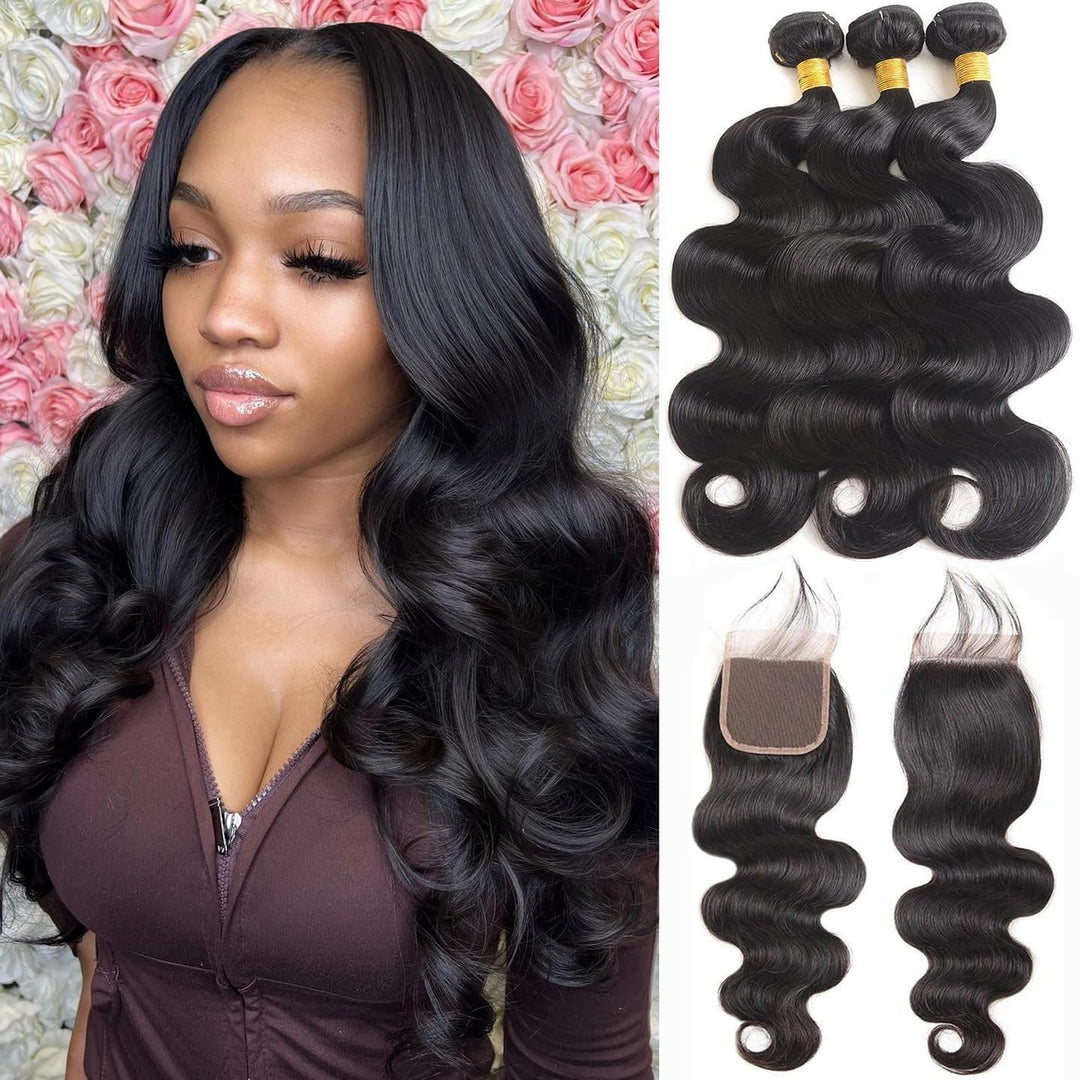Releek 12A Brazilian Body Wave Human Hair Weave 3 Bundles With 4X4 Lace Closure Free Part (14 16 18+12) Inch Body Human Hair Bun