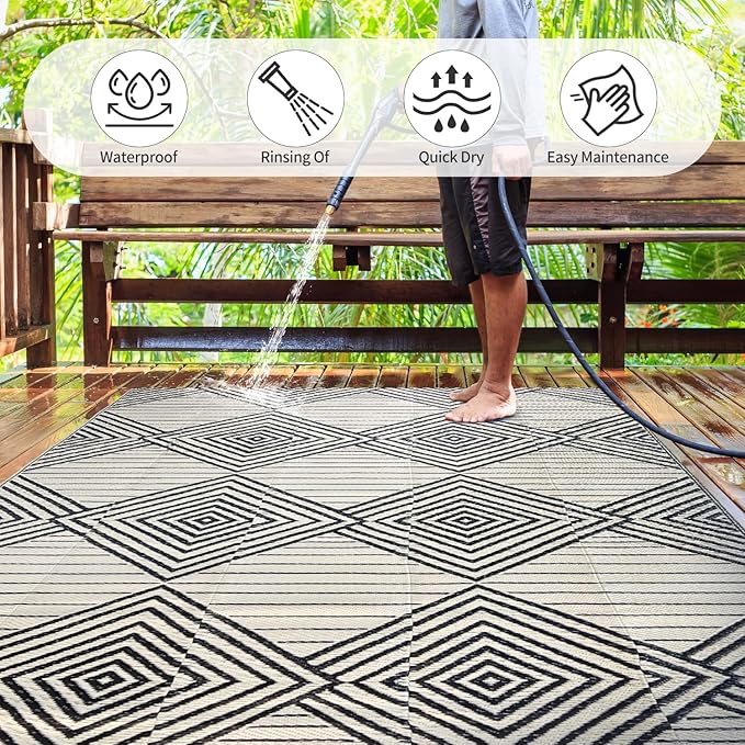 Waterproof Outdoor Rug 5x8ft, Foldable Reversible Plastic Straw Mat for Patio RV Deck Porch Backyard Balcony Camping Picnic Beach Indoor Outdoor Carpet, Black&Beige