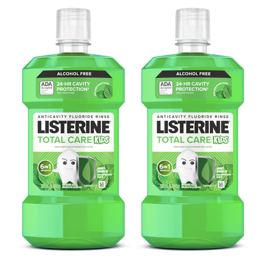Listerine Total Care Kids Alcohol-Free Anticavity Sodium Fluoride Mouthwash, ADA Accepted Oral Rinse for Dental Cavity Protection, Mint Shield Flavor, Convenience Pack, 2 x 500 mL