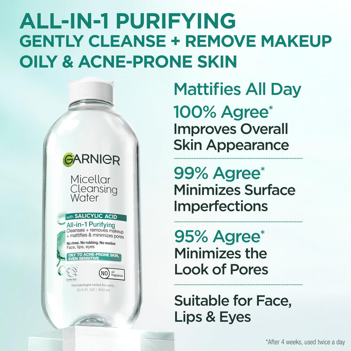 Garnier Micellar Water with Salicylic Acid, All-in-1 Mattifying Facial Cleanser and Makeup Remover for Oily and Acne Prone Skin, 13.5 Fl Oz