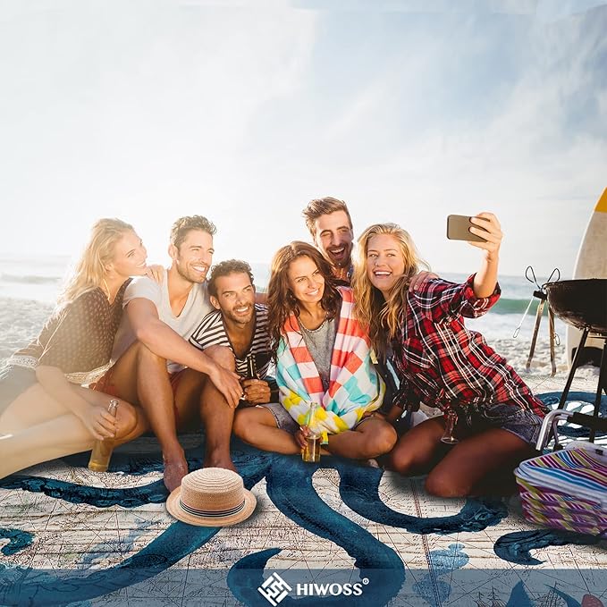 Beach Blanket Waterproof Sandproof Oversized 95”x 80”,Sand Free Beach Mat with Corner Pockets,Portable Mesh Bag for Beach Festival,Picnic,Travel and Outdoor Camping (Octopus)