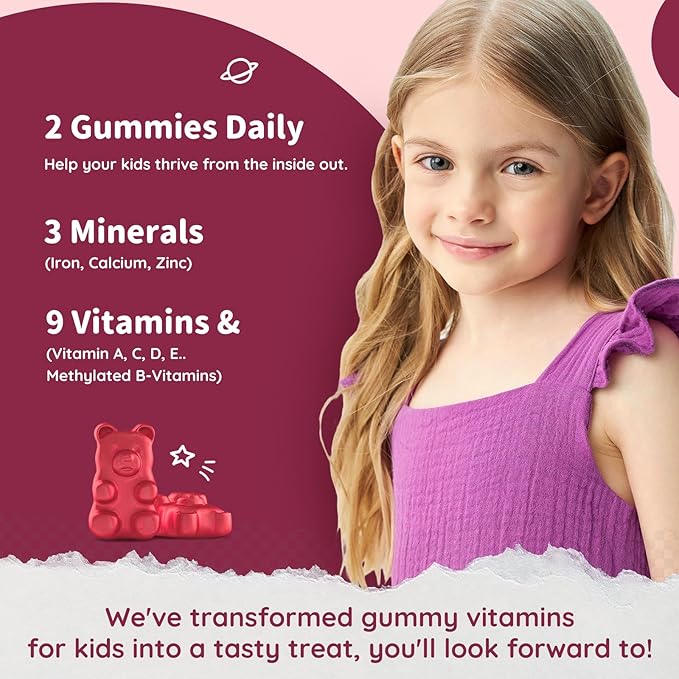 Iron Supplement Gummies for Kids - with Calcium, Zinc, Kids Multivitamin with Iron Gummies - Immune Support, Blood Builder & Energy Support for Iron Deficiency - 2 Pack Strawberry Flavour, 60 Gummies