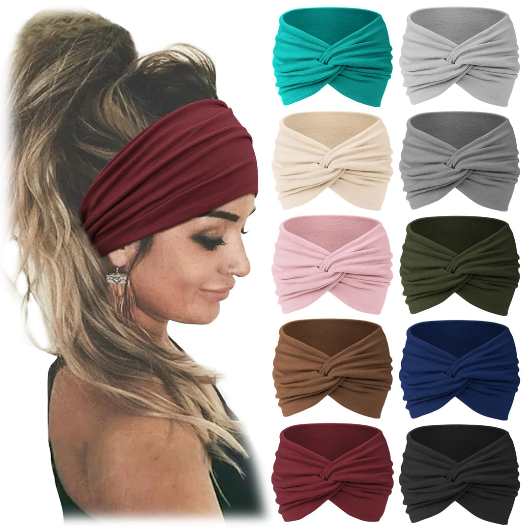 Jesries 10 Pack Women Headbands African Wide Hair Wrap Extra Turban Head Bands for Lady Large Sport Workout Stretch Non-slip Big
