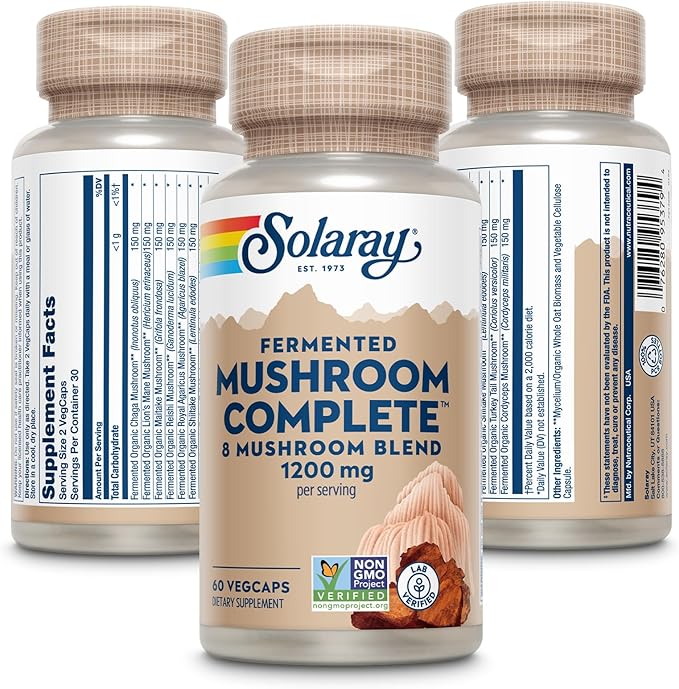 SOLARAY Fermented Mushroom Complete - Organic Chaga, Reishi, Shiitake, Cordyceps, Turkey Tail Mushroom and Lions Mane Supplement Capsules - 8 Mushroom Supplement - Non-GMO, 30 Servings, 60 VegCaps