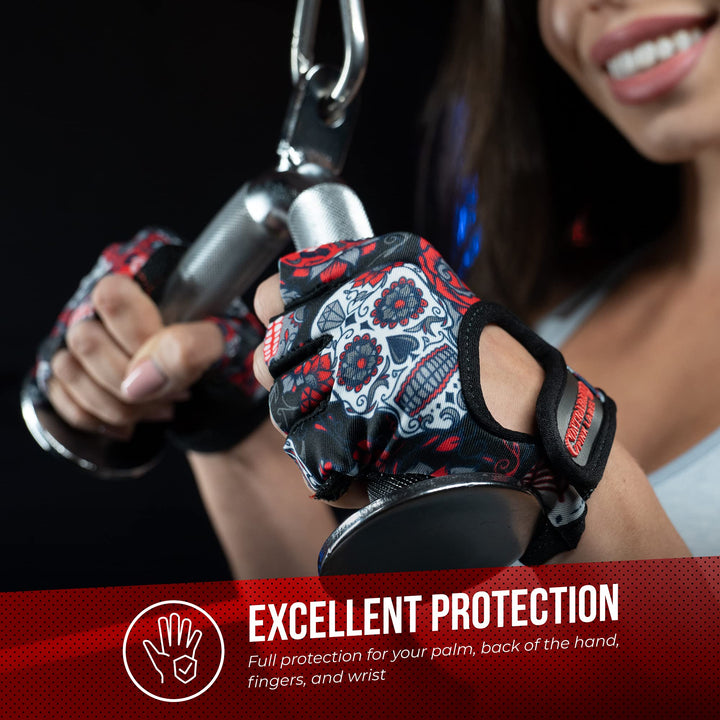 Contraband Pink Label 5237 Womens Designer Workout Gloves | Sugar Skull Print w/Grip-Lock™ Padding (Red, X-Small)
