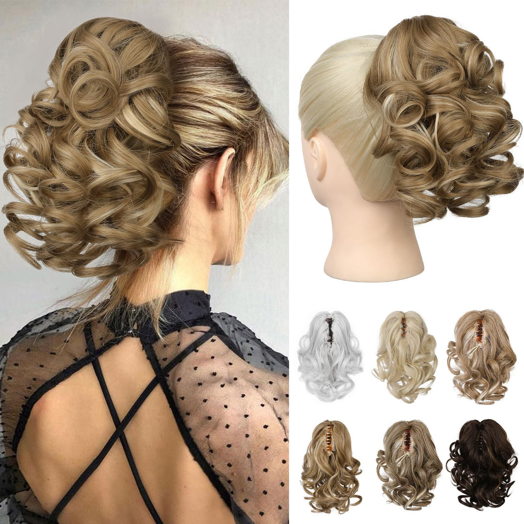 REECHO 9" Short Ponytail Extension, Classic Loose Curly Wavy Claw Clip Pony tails Hair Extensions HP001 Hairpieces for Women - Medium Blonde with Blonde Highlights