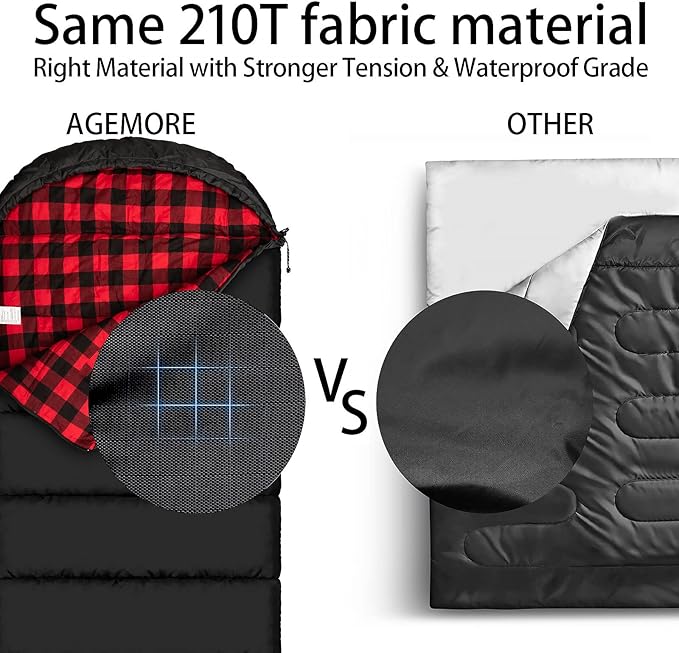 AGEMORE Cotton Flannel Sleeping Bag XL for Camping, Envelope Sleeping Bags for Adults 91"X35", Great for 3-4 Season Traveling, Hiking & Outdoor Activities, Waterproof Comfort with Compression Sack