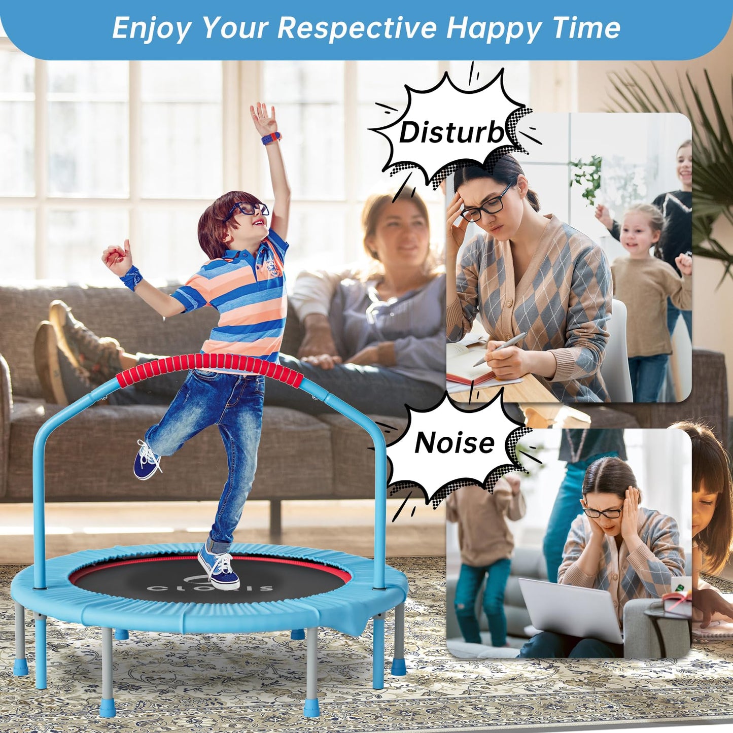 CLORIS 38in/40in/48in Folding Trampoline Mini Rebounder Fitness Trampoline with Adjustable Foam Handle for Kids/Adult, with safty Padded Cover Best Gift for Kids/Adult (38in-Green)