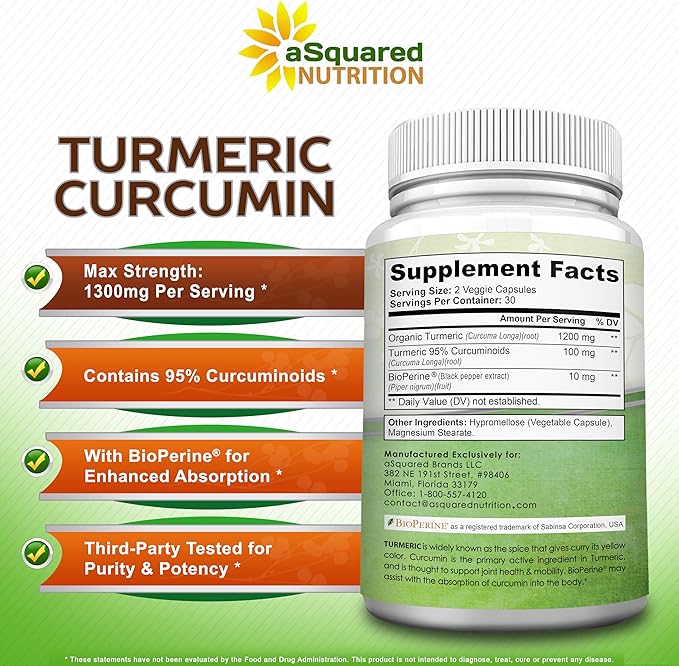 aSquared Nutrition Turmeric Curcumin 1300mg with BioPerine Black Pepper Extract Supplement - 60 Capsules - with 95% Curcuminoids - Natural Tumeric Root Powder Joint Pills