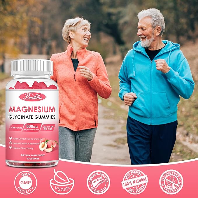 Magnesium Glycinate Gummies - Sugar Free, Magnesium Complex Potassium Supplement with Potassium, VitaminD, B6 for Calm, Sleep & Stress Relief for Adults - 60 Peach Gummies