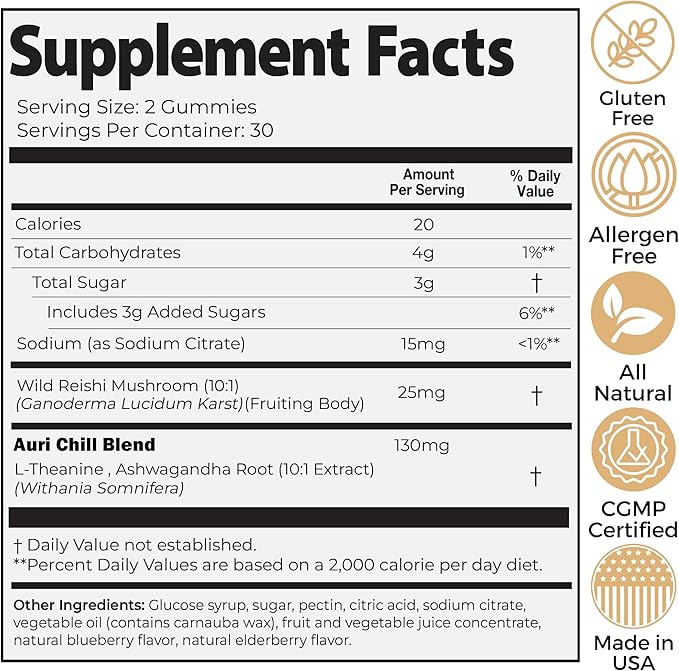 Auri Super Mushroom Chill Gummies - Natural Calming Aid & Stress Reduction Supplement for Adults w/Reishi Mushroom, Ashwagandha, L-Theanine - Unwind Mind & Harmonize Your Day - 60 Calm Gummies