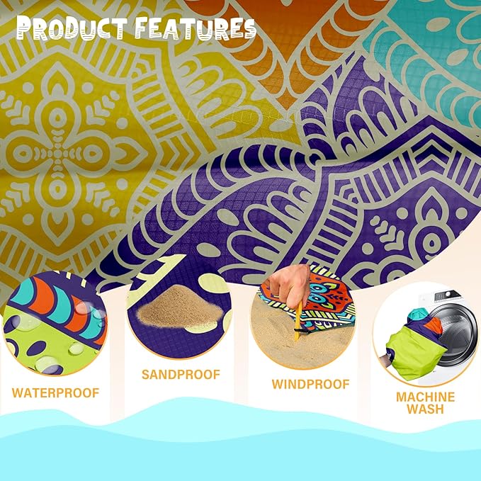 Beach Blanket Waterproof Sandproof 1-7 Adult Oversized 78 '' × 81 '' Lightweight Durable Compact Sand Free Beach Mat for Travel Camping Hiking Picnic Blanket Extra Large