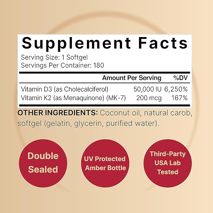 NatureBell Vitamin D3 50,000 iu with K2 200 mcg, 180 Coconut Oil Softgels | Vitamins D as Cholecalciferol & K as MK-7 | Max Strength Bone, Heart, Immune, & Calcium Support | Once Weekly, Non-GMO