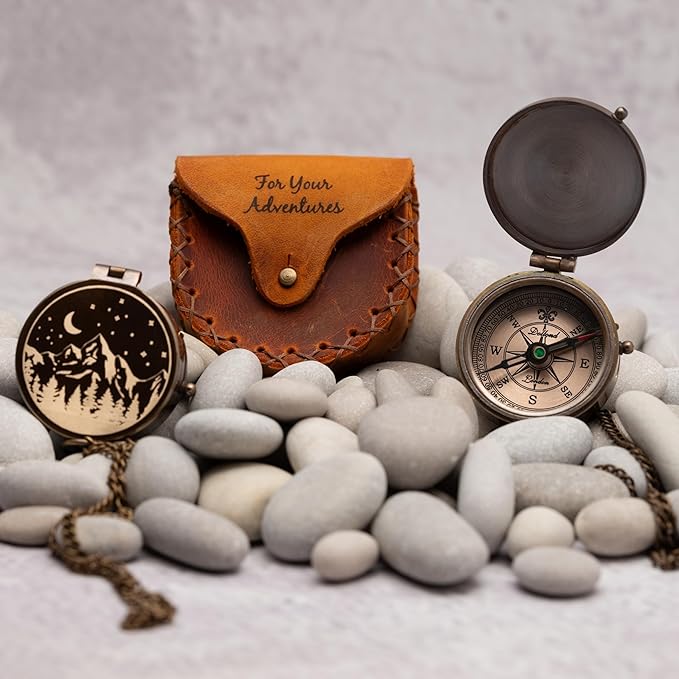 Antique Brass Compass with Leather Case - Mountains & Roads Engraved Pocket Compass for Men - Genuine Leather Pouch Stamped with 'For Your Adventures' - Vintage Gift for Husband, Father & Son