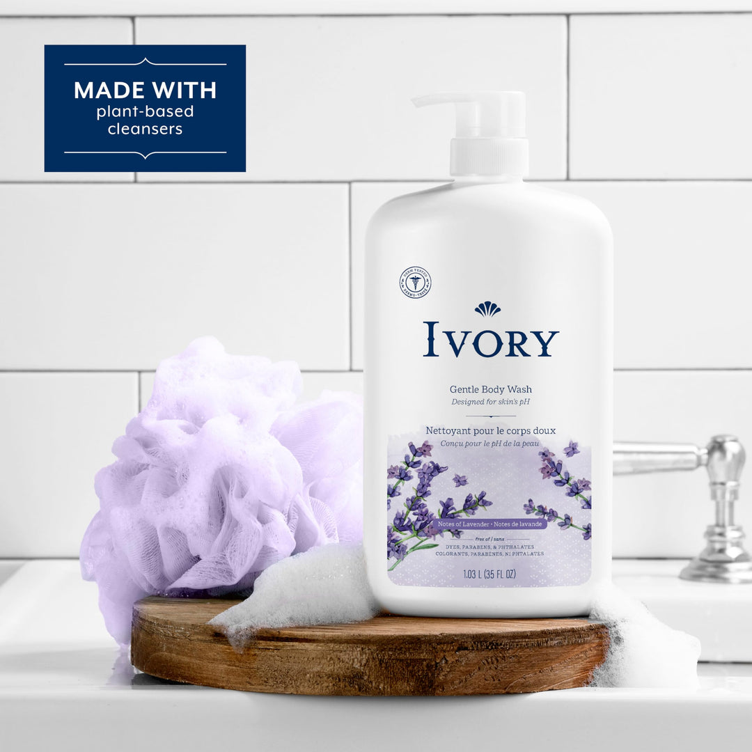 Ivory Gentle Body Wash, Designed for the Whole Family, Free of Dyes Heavy Perfumes Parabens Phthalates & Silicones, Lavender Scent, 35 oz