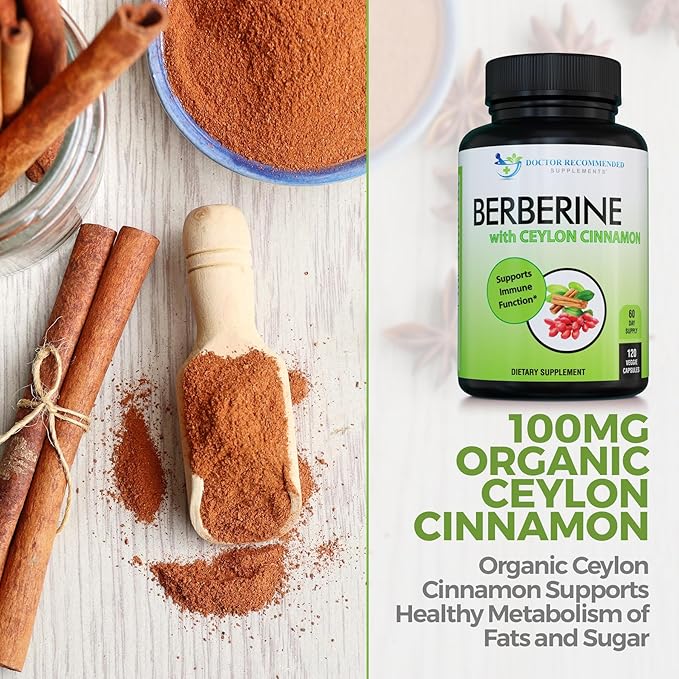 DOCTOR RECOMMENDED SUPPLEMENTS Berberine with Ceylon Cinnamon - 1200mg Berberine & 100mg Organic Ceylon Cinnamon - 120 Veggie Capsules, Healthy Immune System & Gastrointestinal Wellness