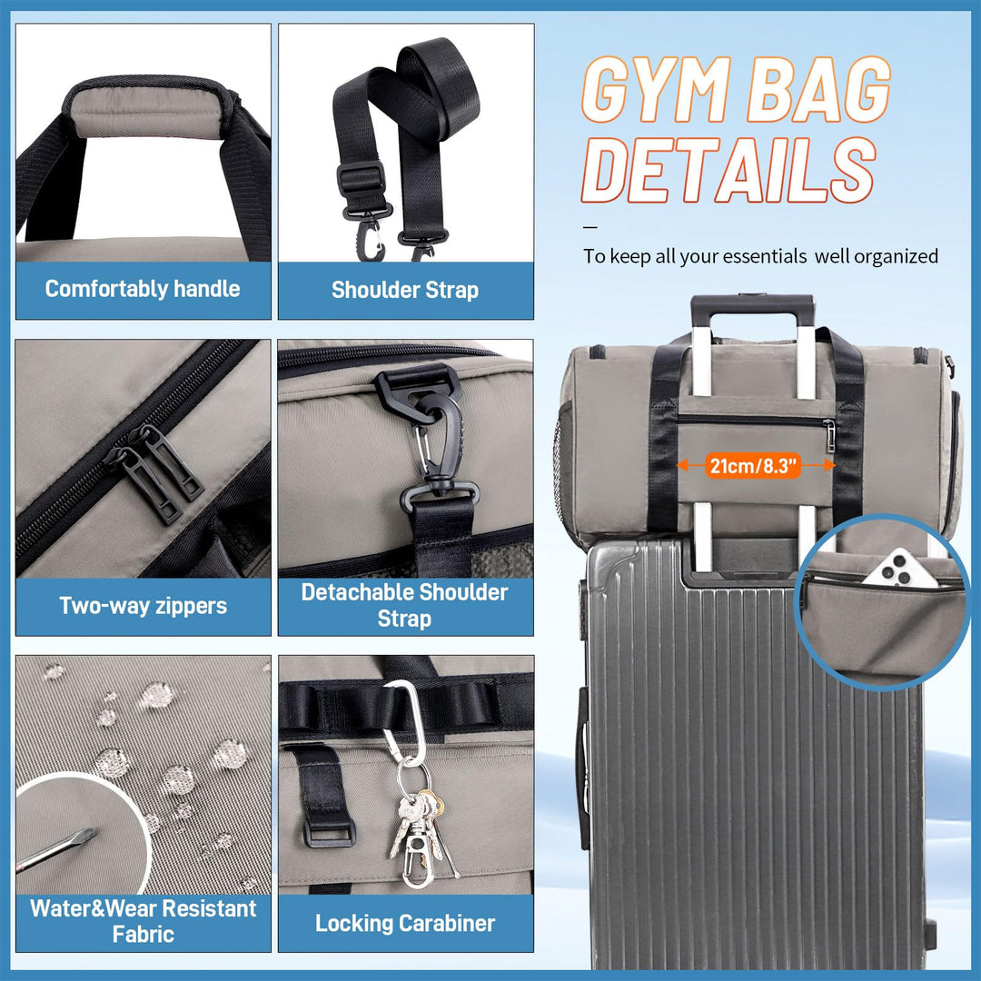 FIORETTO Women's Men's Water-Resistant Gym Duffle Bag with Shoes Compartment, 45L Capacity, Multi-Functional, Ideal for Travel, Gym, Sports, Weekender, Grey