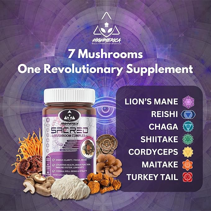 7 Sacred Mushroom Complex - Lion's Mane, Cordyceps, Reishi, Turkey Tail, Chaga, Maitake & Shiitake - Nootropic for Brain and Cognitive Support - Energy & Immunity
