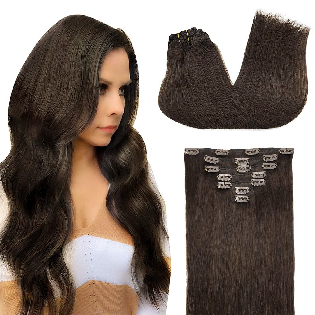Doores Clip In Hair Extensions Human Hair Light Dark Brown 14 Inch 120G 7Pcs Real Human Hair Extensions Clip In Natural Hair Str