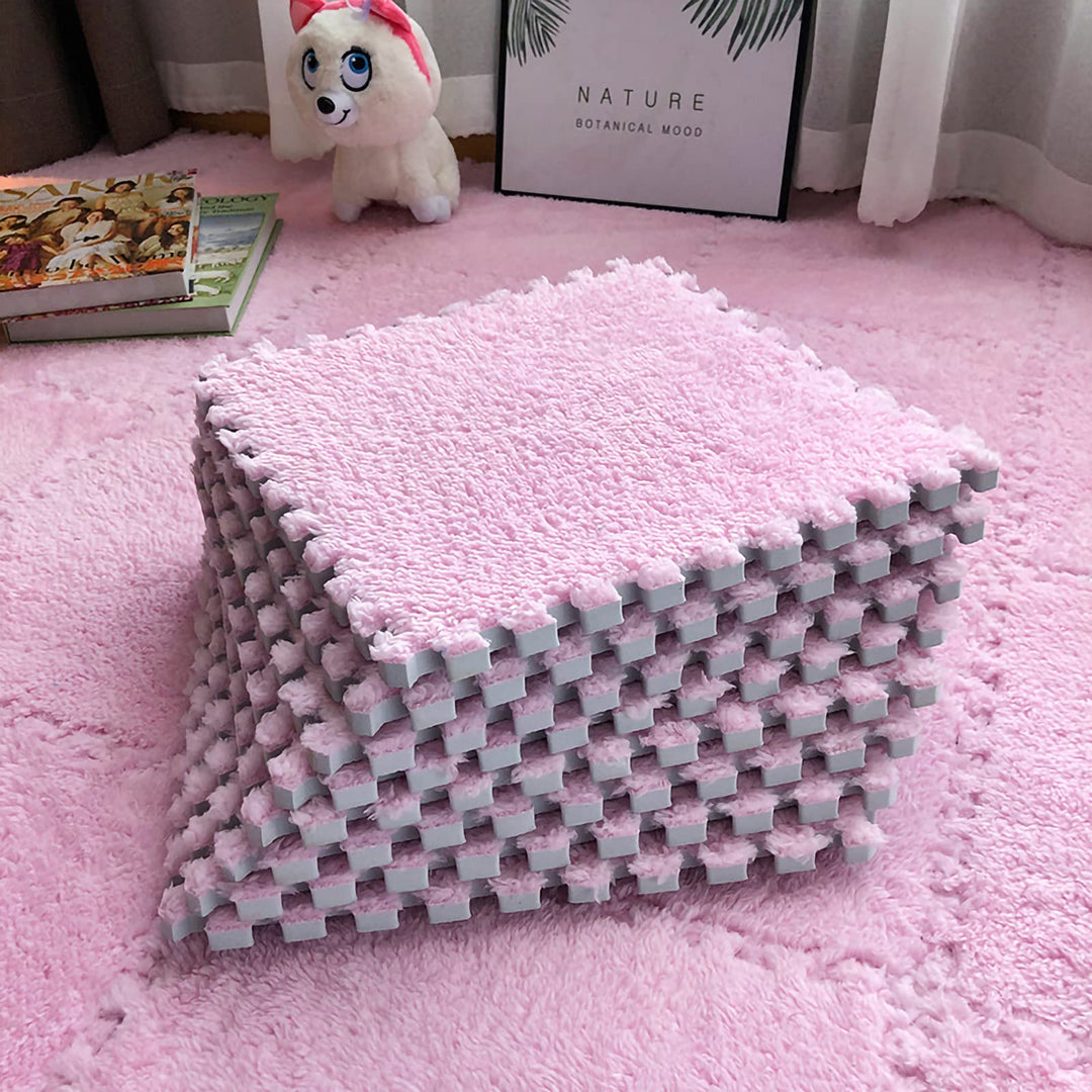 easycustomerlee 12pcs Interlocking Carpet Shaggy Soft EVA Foam Mats Fluffy Rugs Protective Floor Tiles Play Mats for Children Kids Room Home Parlor Bedroom(Pink)