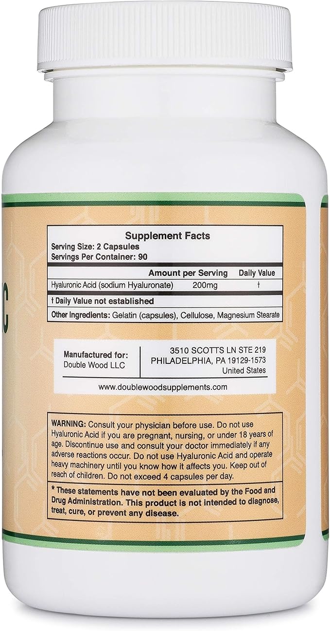 Hyaluronic Acid Supplements -180 Capsules (Enhances Effects of Hyaluronic Acid Serum for Face) 200mg Per Serving for Skin and Face Aging Support (Acido Hialuronico) Gluten Free by Double Wood