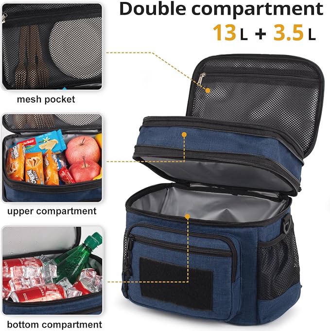 ATRIPACK Lunch Bag for Men, Double Deck Tactical Lunch Box Work with Shoulder Strap MOLLE Webbing Large Lunch Cooler Leakproof Insulated （Blue）