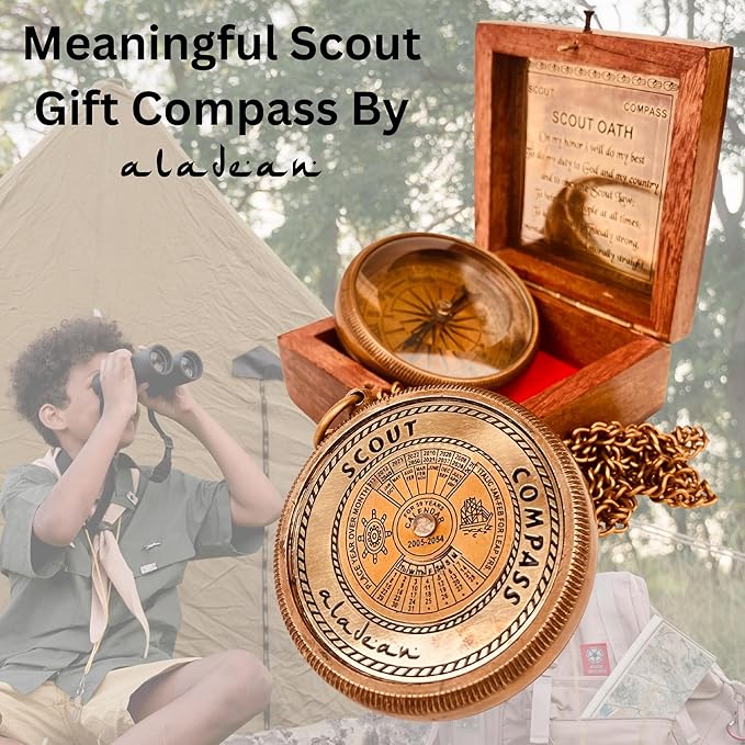 Scout Compass Gift Boys - Engraved Scout Oath Compass in wood Box Scout Always Prepared Camping Orienteering Compass, Hiking Backpacking Compass gift, 50 year calander