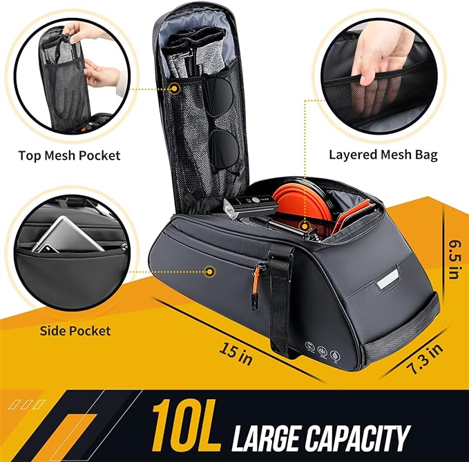 WOTOW Bike Rack Bag Waterproof - 10L Large Capacity Bike Trunk Bag, Reflective Bicycle Saddle Panniers, Cycling Bag Back Seat Storage Cargo Carrier Pouch with Shoulder Strap & Hook (10L)