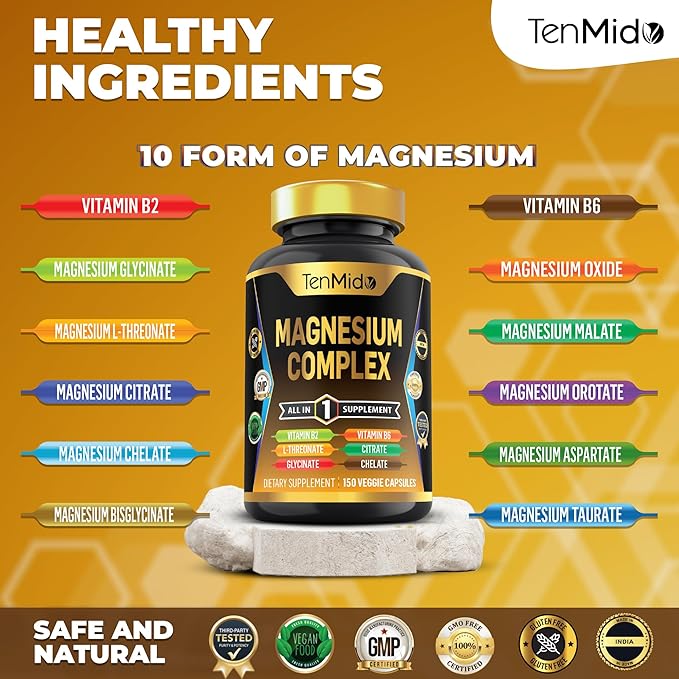 Magnesium Complex Supplement - Combine 10 Types of Magnesium: Glycinate, L-Threonate, Citrate, Chelate, Bisglycinate, Oxide, Malate, Orotate, Aspartate, Taurate - 150 Capsules for 5 Months